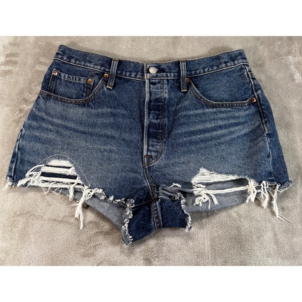 Levi's 501 Denim Shorts Women W32 Button Fly Jorts Distressed Cut‎ Off